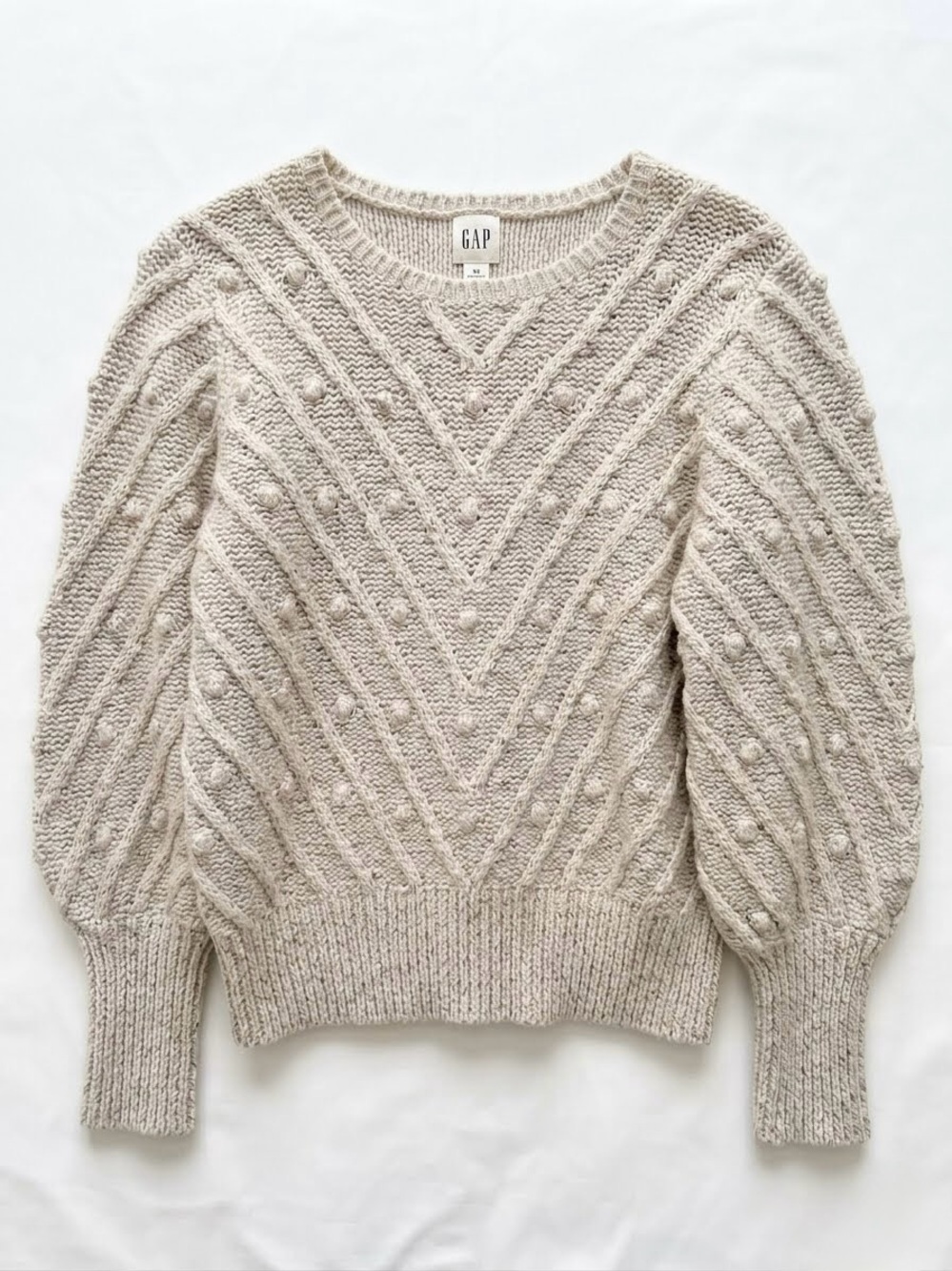 GAP Oatmeal Heather Bobble Puff Sleeve Knit Sweater M Grandmacore Cottagecore